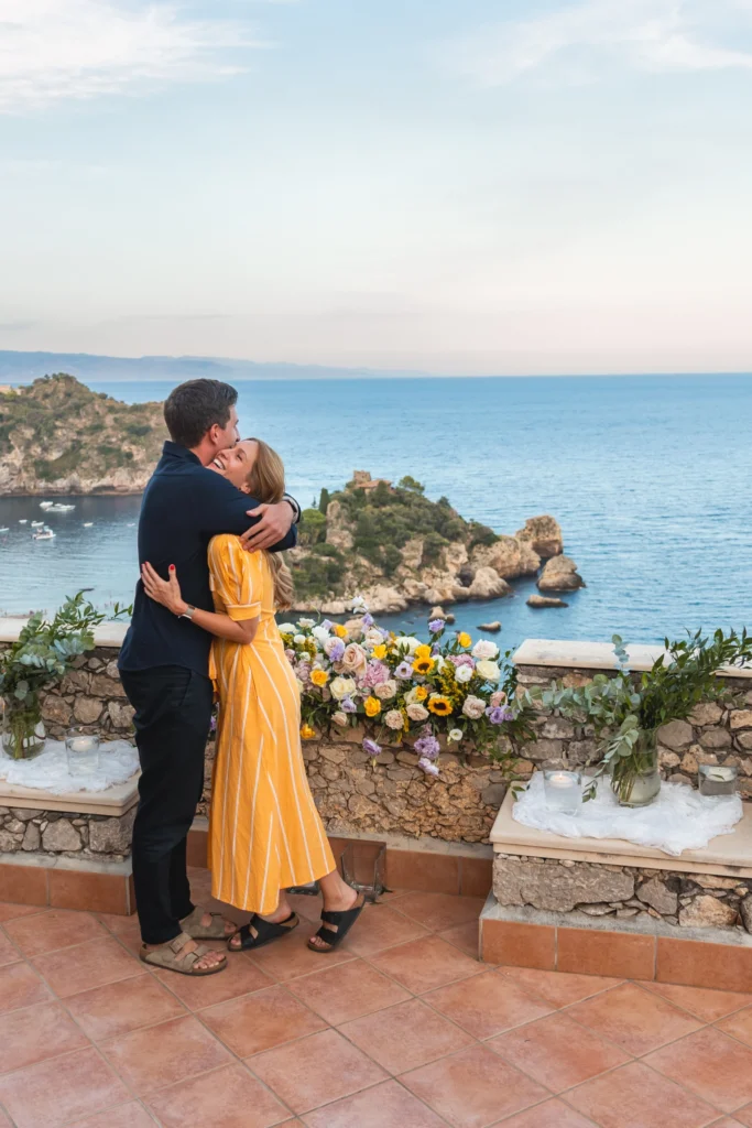 intimate proposal in Sicily – couple hug at Sparviero Luxury Suite