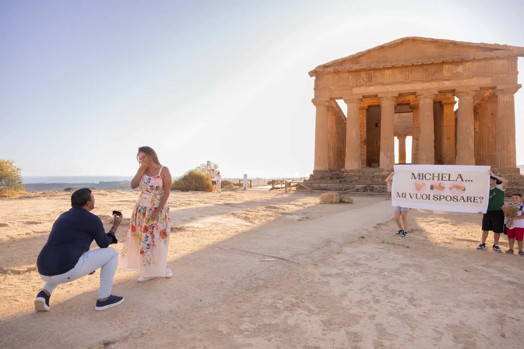 Surprise marriage proposal at Valle dei Templi in Agrigento, Sicily